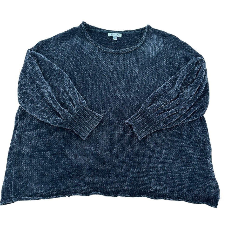 She + Sky Navy Blue Chenille Oversized Balloon Sleeve Sweater Tight Knit  One Sz